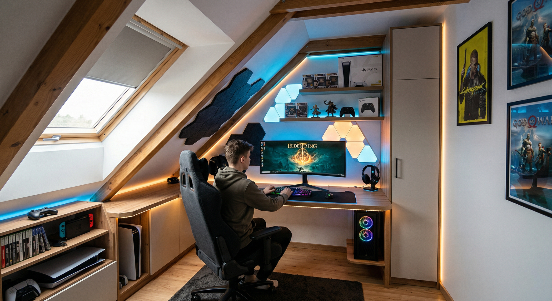 Młody mężczyzna siedzi przy biurku w gamingowym fotelu, w oświetlonym pokoju